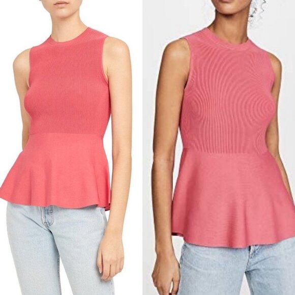 Theory Textured Gloss Shell Hot Pink Ribbed Knit Top Size XS Peplum Sleeveless - Picture 9 of 10